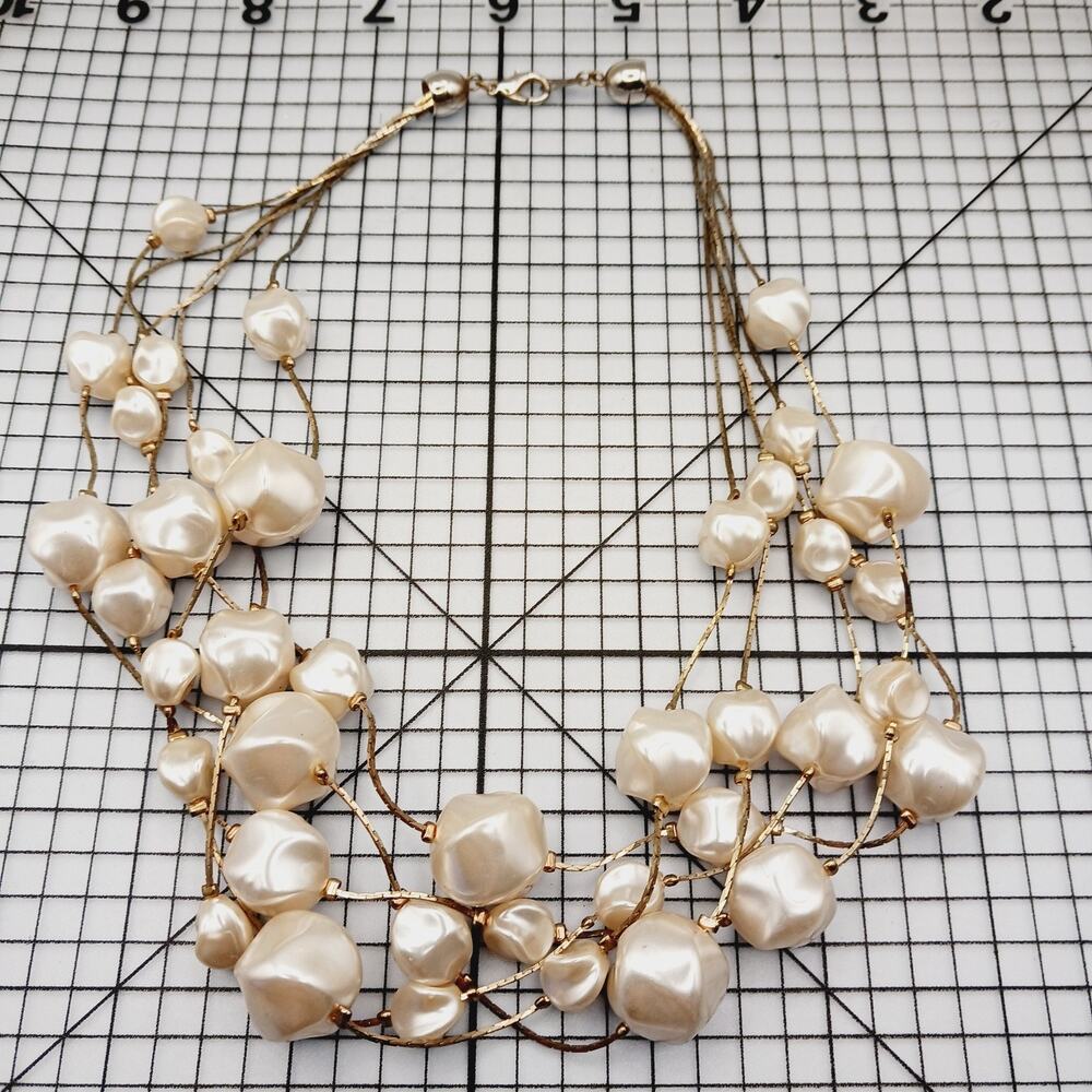 Necklace Multi Strand Faux Pearl Gold Tone Statement Bib Bridal Formal Baroque
